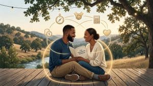 Engaged couple discussing relationship goals during an outdoor premarital counseling intensive