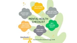 Mental health checklist with questions about sleep, eating, emotions, self-kindness, and finding someone to talk to